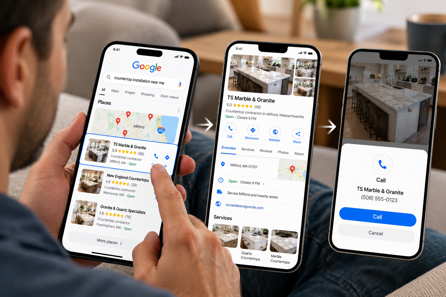Exemplo ilustrativo da jornada de busca no Google, visualização do perfil e ligação em iPhones; empresa, avaliações e telefone demonstrativos